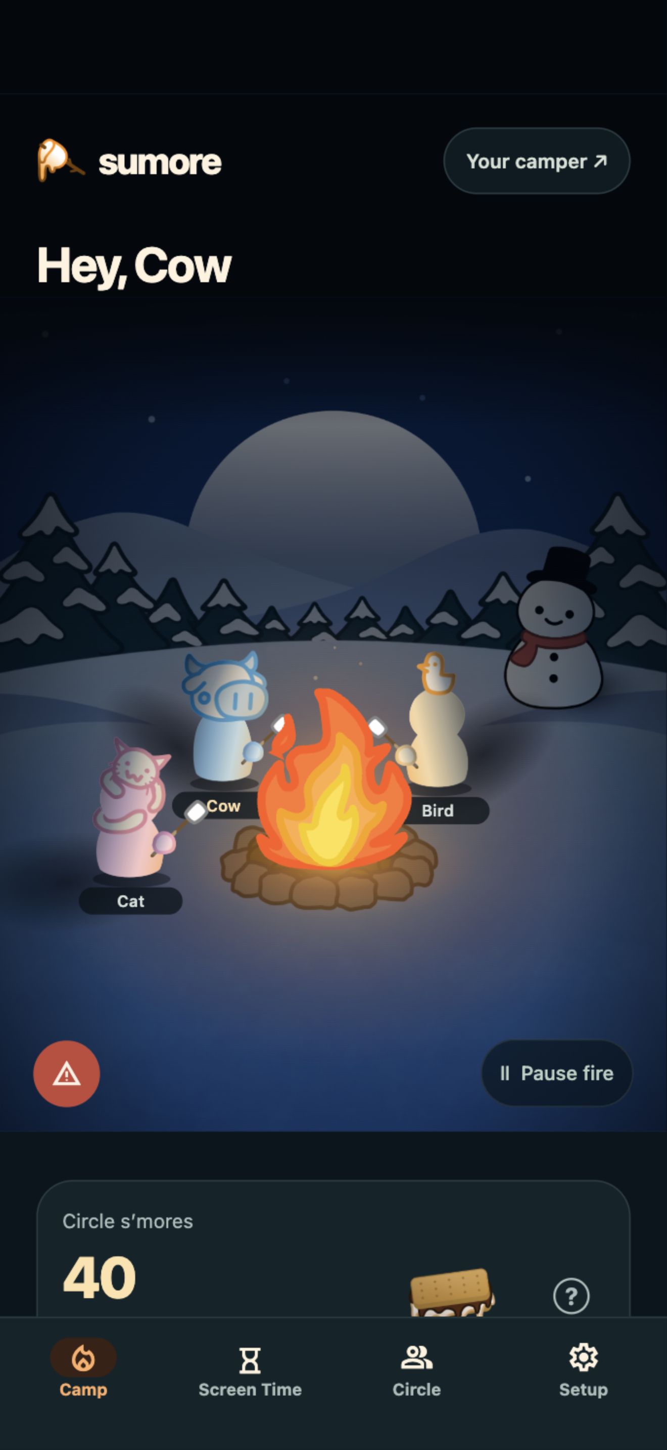 sumore Camp screen showing a campfire and daily progress